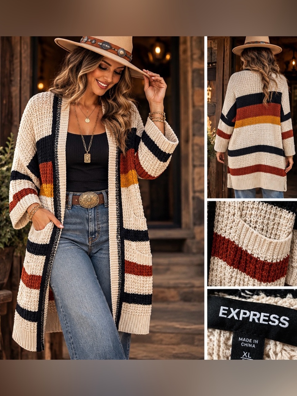 Express XL Colorblock Open Knit Long Cardigan Sweater Boho Western